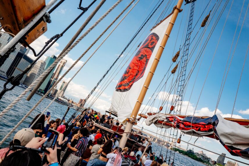 A sailboat with Targaryen sails kicks off the 'House of the Dragon' Season 3 premiere event, Dragon Solstice, on June 21 at Pier 17 in New York City.