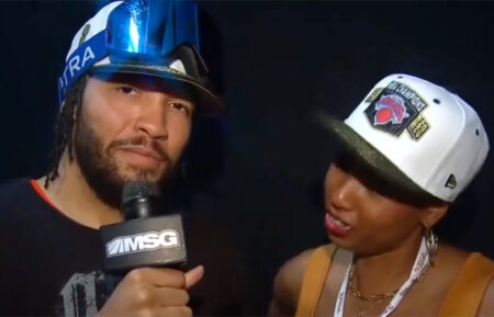 Jalen Brunson and Monica McNutt in a post-game interview at the 2026 NBA Finals' Game 5 on June 13, 2026