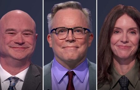 "Jeopardy!" contestants (from left) Jeff Price, Adam Remsen, and Sarah Strciher, on June 29, 2026