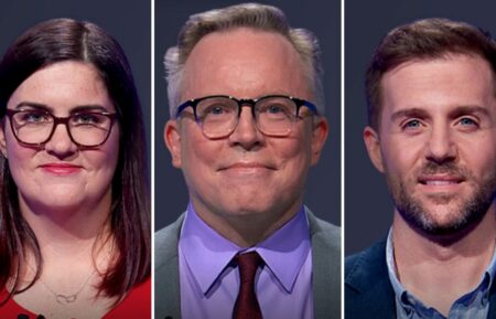 "Jeopardy!" contestants (from left) Kate Raven, Adam Remsen, and Derek Lombardi, on June 25, 2026