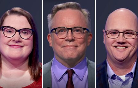 "Jeopardy!" contestants (from left) Kristin Warner, Adam Remsen, and Clay Stallworth, on June 26, 2026