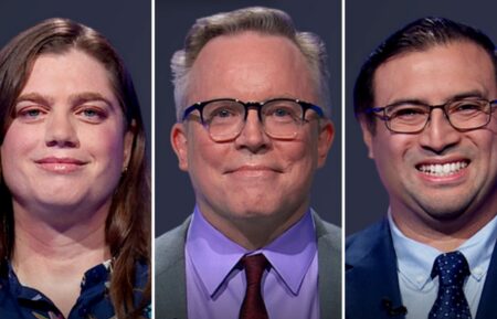 "Jeopardy!" contestants on June 19, 2026 (from left) Kyla Wall Polin, Adam Remsen, and Carlos Cea