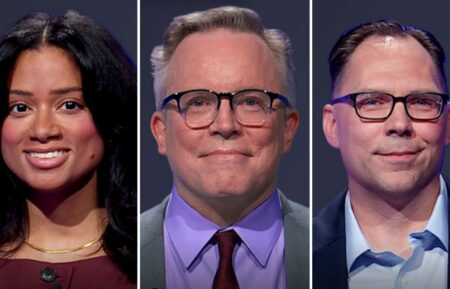 "Jeopardy!" contestants (from left) Maria Sebastian, Adam Remsen, and Wayne Kobylinksi, on June 24, 2026