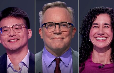 "Jeopardy!" contestants (from left) Richard Nguyen, Adam Remsen, and Mandy Moreno, on June 30, 2026
