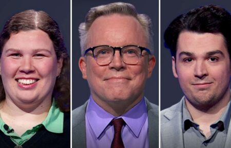 "Jeopardy!" contestants (from left) Sarah Michel, Adam Remsen, and Joey Tebban, on June 2, 2026