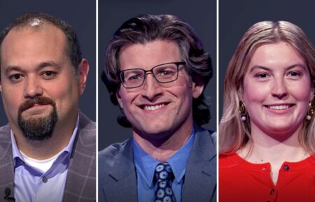 "Jeopardy!" contestants (from left) Peter McFerrin, Chris D'Angelo, and Camryn Bell, on June 1, 2026