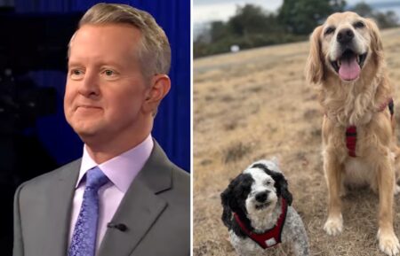 "Jeopardy!" host Ken Jennings telling audience members about his dogs, (right), the Jennings' fmaily dogs Chance and Dakota