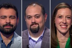 (from left) 'Jeopardy!' contestants Alejandro Sobalvarro, Peter McFerrin, and Kaylea Bowers, on June 8, 2026