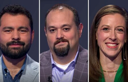 (from left) "Jeopardy!" contestants Alejandro Sobalvarro, Peter McFerrin, and Kaylea Bowers, on June 8, 2026