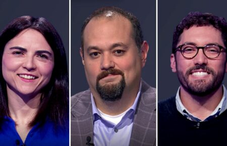 "Jeopardy!" contestants (from left) Jackie Goncalves, Peter McFerrin, and Seth McElroy, on June 5, 2026