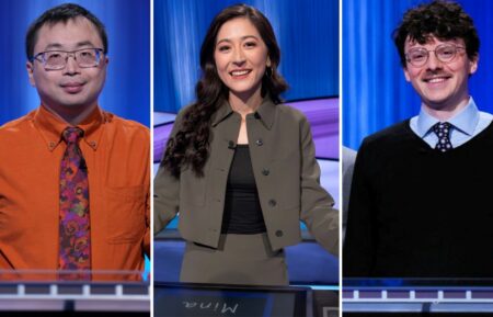 "Jeopardy!" contestants Jamie Ding(left), Harrison Whitaker (right) and "Celebrity Jeopardy!" winner Mina Kimes (middle)