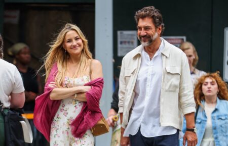 Kate Hudson and Javier Bardem are seen on the set of "Hello & Paris" on June 23, 2026 in New York City.