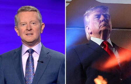 (Left) Ken Jennings on "Jeopardy!", (right) Donald Trump at the NBA Finals on June 8, 2026 in New York City