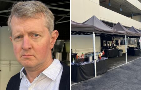(Left) Ken Jennings on the Sony lot frowning, (right) tents for "For All Mankind" on lot