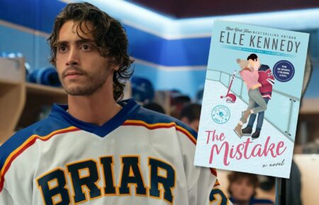Logan in 'Off Campus' Season 1 next to the cover of Elle Kennedy's 'The Mistake'