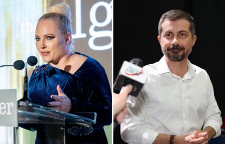 Meghan McCain receives The Algemeiner’s Warrior of Truth Award during The Algemeiner’s 8th annual J100 Gala on October 12, 2021, in Rockleigh, New Jersey; Pete Buttigieg speaks the press backstage after a rally at The Mother Lode Theatre on May 17, 2026, in Butte, Montana
