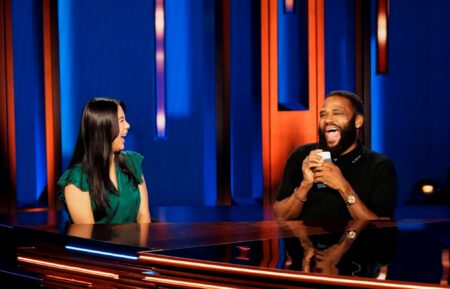 PASSWORD -- Episode 301 -- Pictured: (l-r) A contestant and Anthony Anderson --