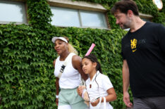 Serena Williams of United States leaves the practice court with her daughter Alexis Olympia Ohanian Jr. and husband Alexis Ohanian before The Championships Wimbledon 2026 at All England Lawn Tennis and Croquet Club