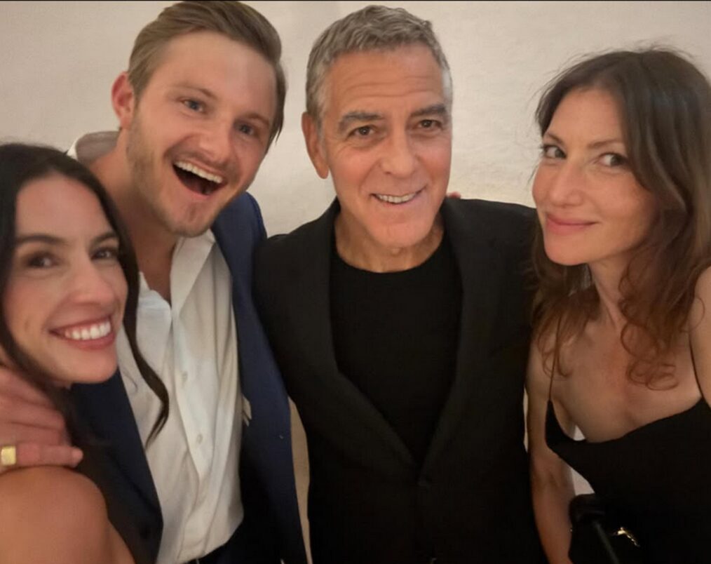 Lauren Ludwig, Alexander Ludwig, George Clooney, and Ari Graynor behind the scenes of 'The White Lotus' Season 4