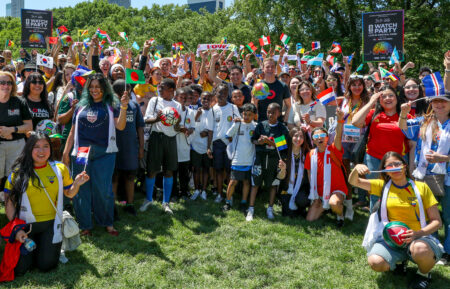 Global Citizen CEO Hugh Evans poses with FIFA World Cup fans in Sheep Meadow during the FIFA World Cup 2026™ Final Watch Party Live in Central Park Announcement on June 08, 2026 in New York