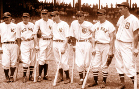 1937 All-Star Game players, from left, Lou Gehrig, Joe Cronin, Bill Dickey, Joe DiMaggio, Charlie Gehringer, Jimmie Foxx, Hank Greenberg, July 7, 1937, at Griffith Stadium, Washington, D.C.