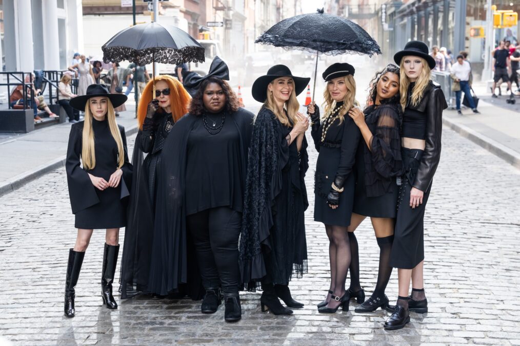 NEW YORK, NEW YORK - JULY 09: (L-R) Emma Roberts, Frances Conroy, Gabourey Sidibe, Sarah Paulson, Leslie Grossman, Avantika Vandanapu and Alex Consani are seen filming "American Horror Story" in SoHo on July 09, 2026 in New York City. (Photo by TheStewartofNY/GC Images)