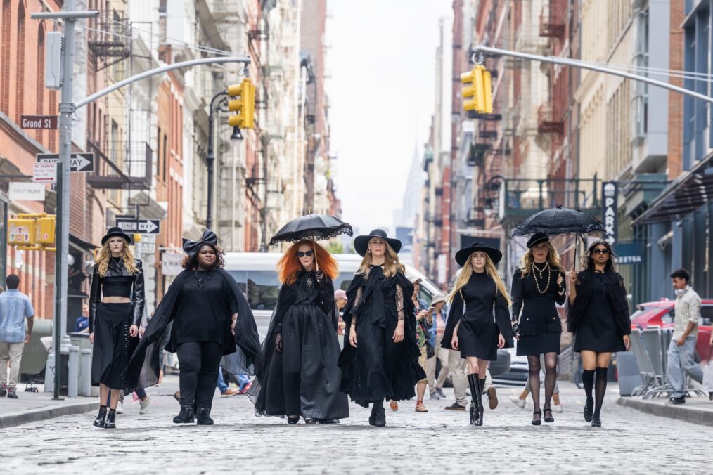 Alex Consani, Gabourey Sidibe, Frances Conroy, Sarah Paulson, Emma Roberts, Leslie Grossman and Avantika Vandanapu are seen filming "American Horror Story" in SoHo on July 09, 2026 in New York City. (Photo by TheStewartofNY/GC Images)