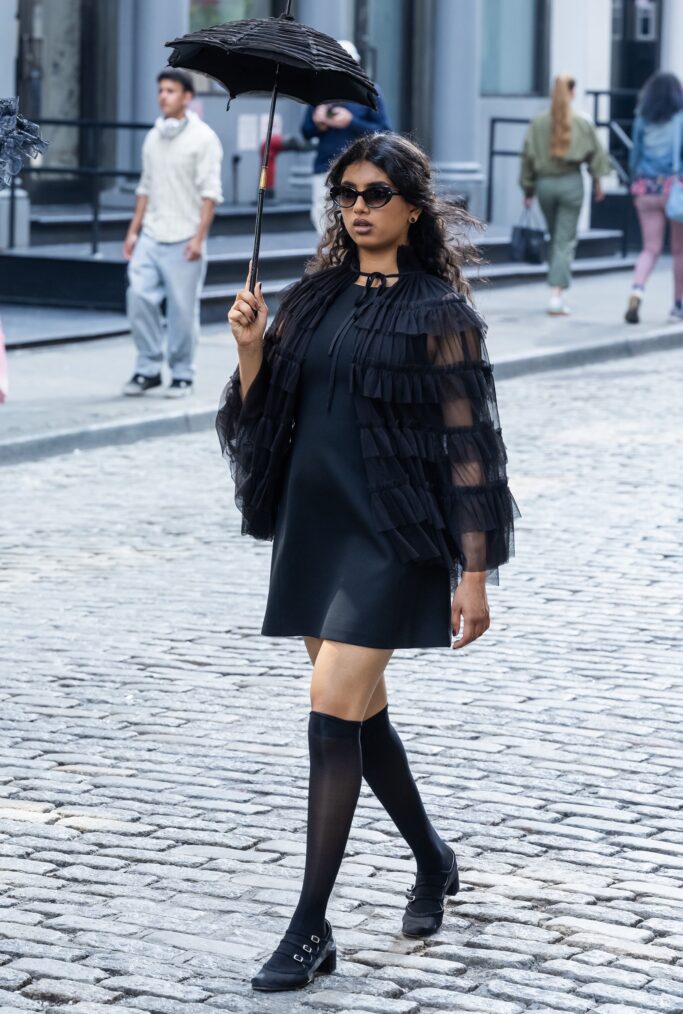 NEW YORK, NEW YORK - JULY 09: Avantika Vandanapu is seen filming "American Horror Story" in SoHo on July 09, 2026 in New York City. (Photo by TheStewartofNY/GC Images)