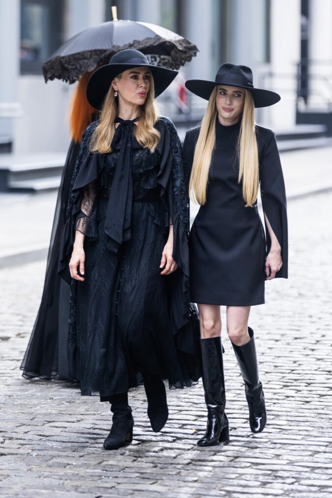 NEW YORK, NEW YORK - JULY 09: Sarah Paulson (L) and Emma Roberts are seen filming "American Horror Story" in SoHo on July 09, 2026 in New York City. (Photo by TheStewartofNY/GC Images)