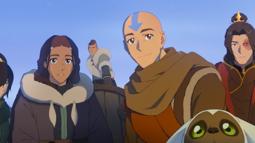 (L-R): Dionne Quan voices Toph, Jessica Matten voices Katara, Román Zaragoza voices Sokka, Eric Nam voices Aang, Dee Bradley Baker voices Momo, and Steven Yeun voices Sokka in Avatar Aang: The Last Airbender, streaming on Paramount+, 2026. Photo Credit: Paramount+