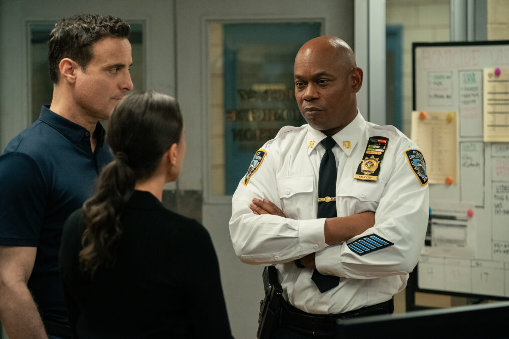 L-R: Dominic Fumusa as Detective Melvin Oliva, Kadia Saraf as Detective Claudette Wallace and Bokeem Woodbine as Captain Mixon in Dexter: Resurrection, episode 4, season 2, streaming on Paramount+, 2026. Photo Credit: Matt Infante/Paramount+.