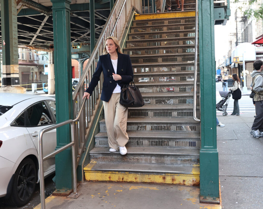 NEW YORK, NY - JULY 14: Elisabeth Moss is seen filming scenes at the "Conviction" set in Downtown, Brooklyn on July 14, 2026 in New York City. (Photo by Jose Perez/Bauer-Griffin/GC Images)
