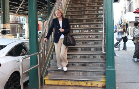 NEW YORK, NY - JULY 14: Elisabeth Moss is seen filming scenes at the "Conviction" set in Downtown, Brooklyn on July 14, 2026 in New York City. (Photo by Jose Perez/Bauer-Griffin/GC Images)