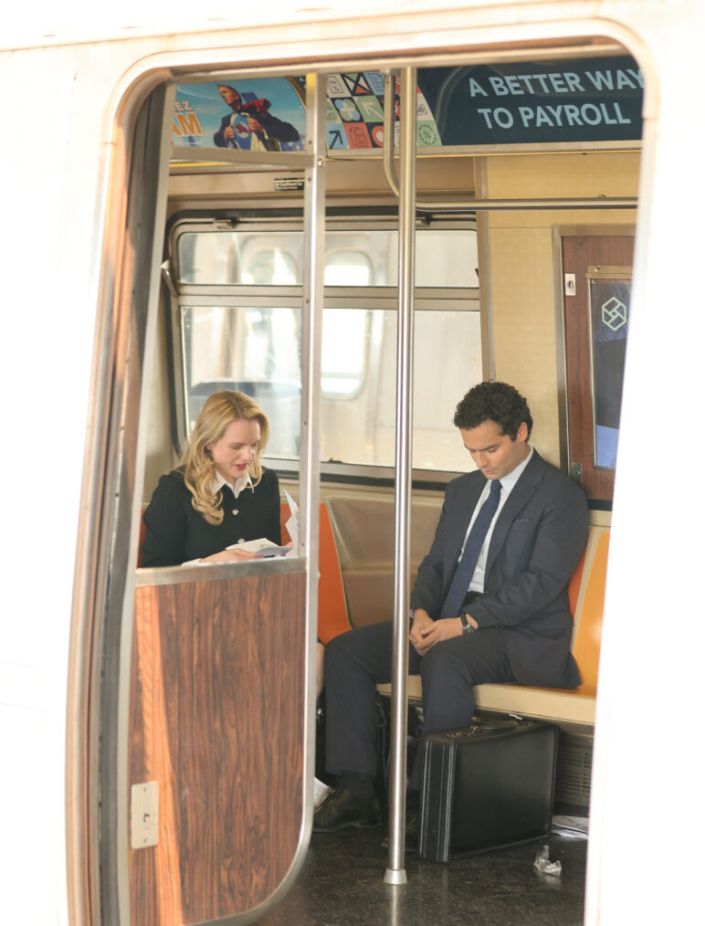 NEW YORK, NY - JULY 14: Elisabeth Moss and Sebastian De Souza are seen filming scenes at the "Conviction" set in Brooklyn on July 14, 2026 in New York City. (Photo by Jose Perez/Bauer-Griffin/GC Images)