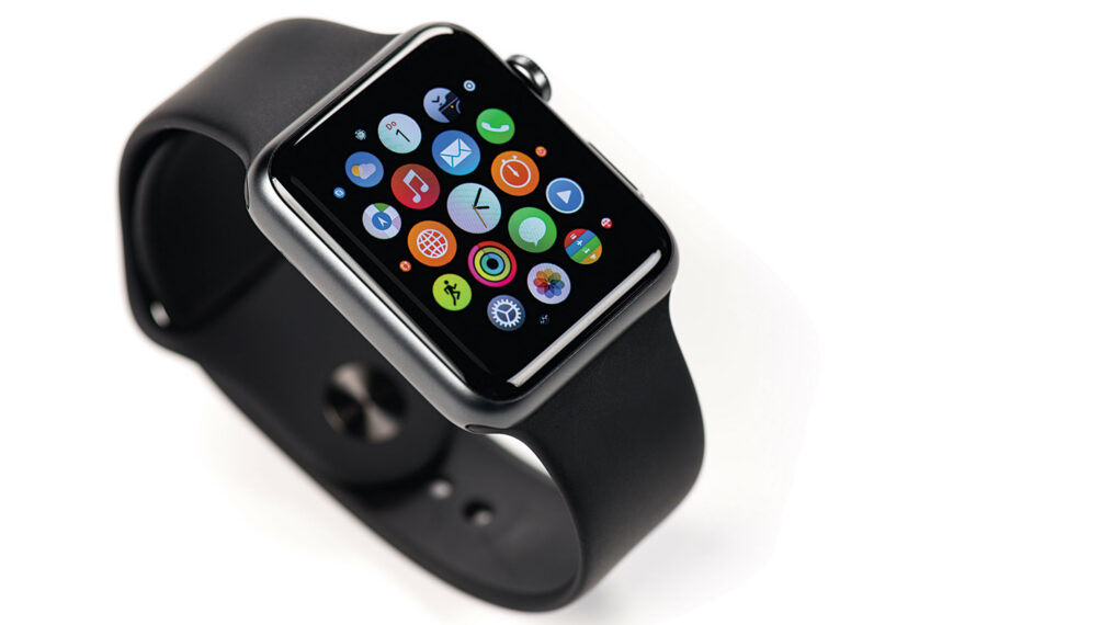 Koszalin, Poland - July 22, 2015: A black 42mm stainless steel Apple Watch witch sports band. Apple Watch is a smart watch, developed by Apple Inc.