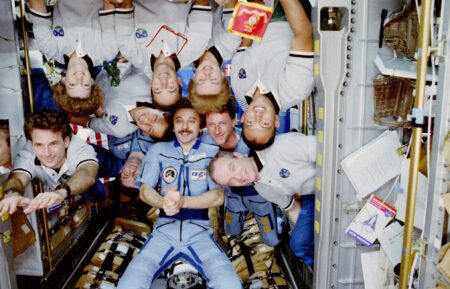 Jerry Linenger, Eileen Collins, Edward Lu, Jean-Francois Clervoy, Elena Kondakova, Carlos Noriega and Charles Precour