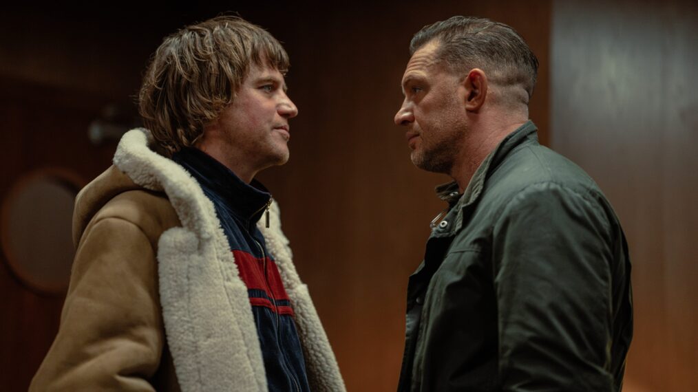 L-R Johnny Flynn as Frankie and Tom Hardy as Harry Da Souza In MobLand, season 2, streaming on Paramount+, 2026. Photo Credit: Luke Varley/Paramount+