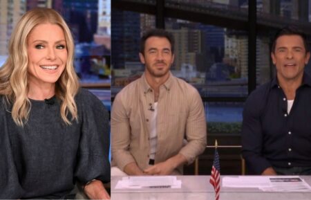 Kelly Ripa and Mark Consuelos on 'Live With Kelly and Mark'; Kevin Jonas and Mark Consuelos on the July 28, 2026, episode of 'Live With Kelly and Mark.'
