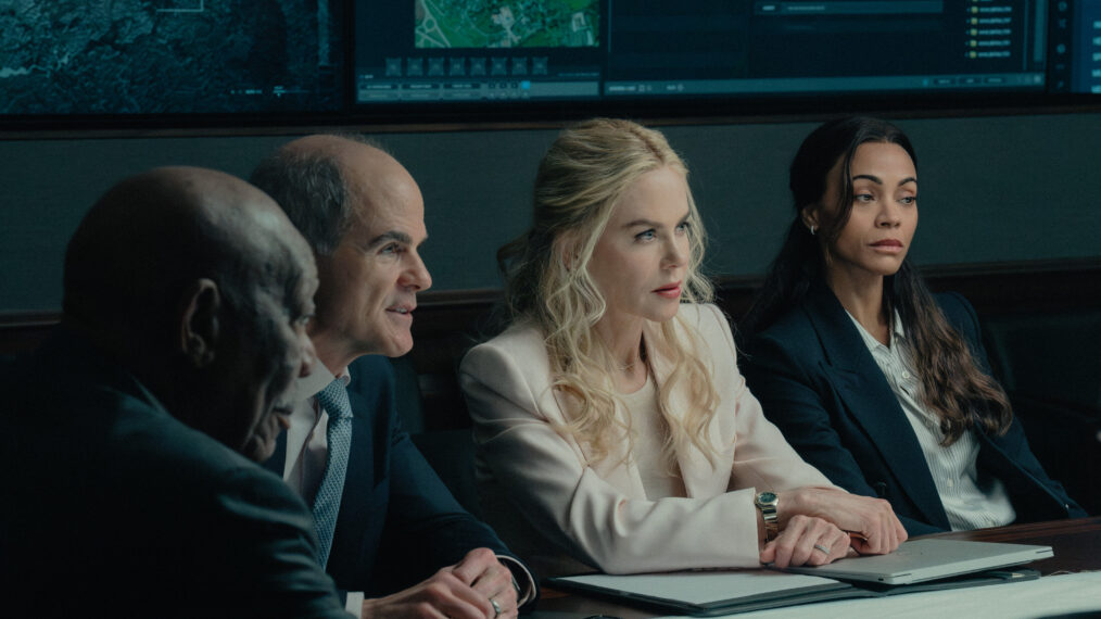 L-R: Morgan Freeman as Edwin Mullins, Michael Kelly as Byron Westfield, Nicole Kidman as Kaitlyn, Zoe Saldaña as Joe, in Lioness, episode 5, season 3, streaming on Paramount+, 2026. Photo Credit: Ryan Green/Paramount+.