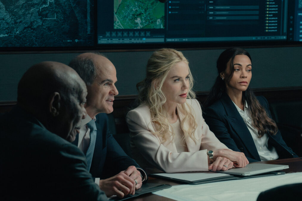 L-R: Morgan Freeman as Edwin Mullins, Michael Kelly as Byron Westfield, Nicole Kidman as Kaitlyn, Zoe Saldaña as Joe, in Lioness, episode 5, season 3, streaming on Paramount+, 2026. Photo Credit: Ryan Green/Paramount+.