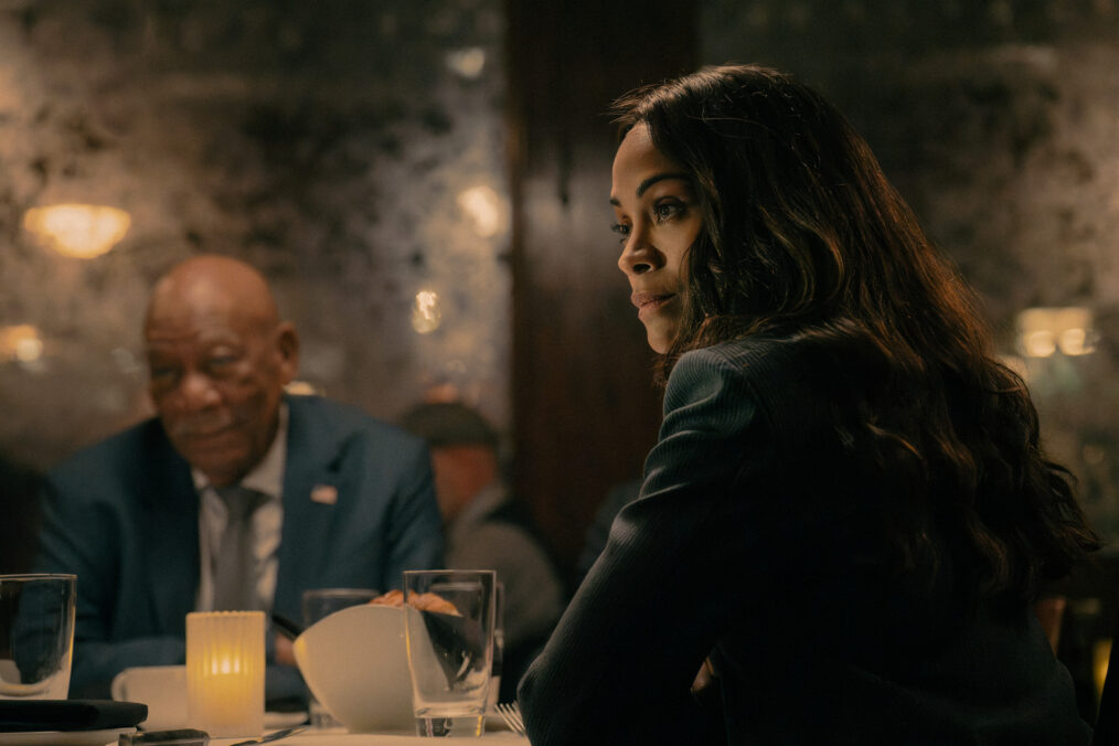 L-R: Morgan Freeman as Edwin Mullins and Zoe Saldaña as Joe in Lioness, episode 6, season 3, streaming on Paramount+, 2026. Photo Credit: Ryan Green/Paramount+.
