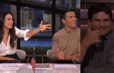 Mila Kunis, Mark Consuelos, and Ashton Kutcher on the July 29, 2026, episode of 'Live With Kelly and Mark.'