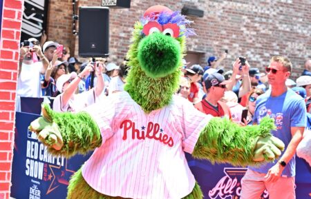 Phillie Phanatic, official mascot for the Philadelphia Phillies, attends the 2025 MLB All-Star Game red carpet at Truist Park on July 15, 2025 in Atlanta, Georgia.