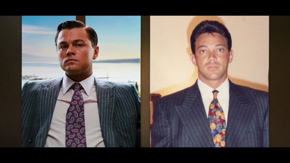 A still of Leonardo DiCaprio in “The Wolf of Wall Street” film and Jordan Belfort in The Real Wolf of Wall Street, episode 1, streaming on Paramount+, 2026