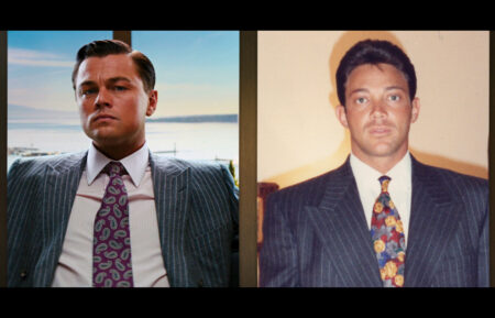 A still of Leonardo DiCaprio in “The Wolf of Wall Street” film and Jordan Belfort in The Real Wolf of Wall Street, episode 1, streaming on Paramount+, 2026