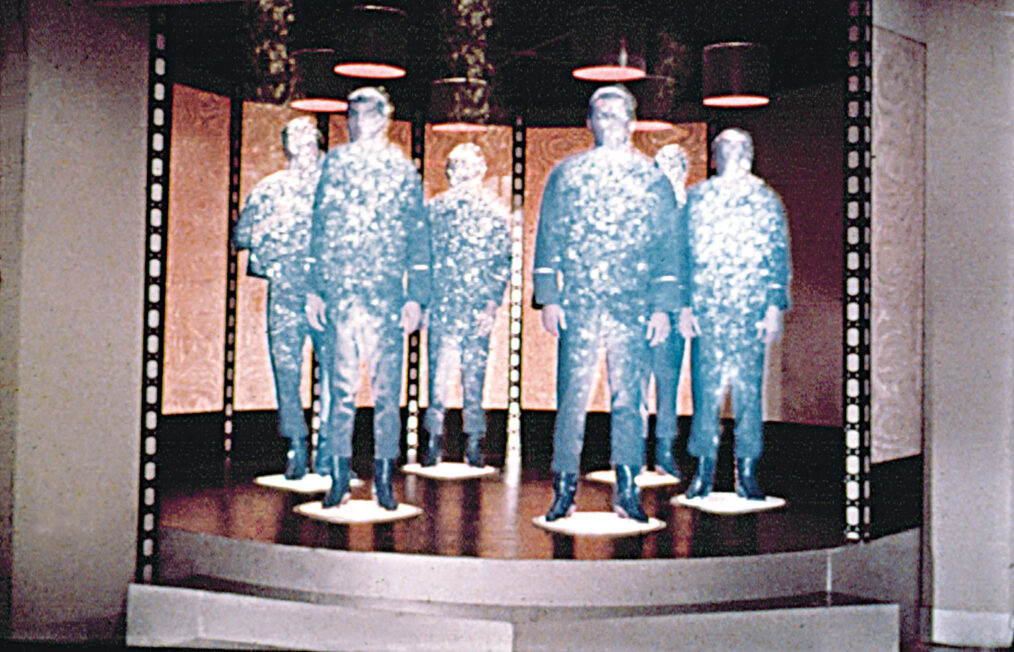 STAR TREK, Leonard Nimoy, Jeffrey Hunter, and crew, beaming down in the transporter, from the Pilot episode: The Cage, 1965.