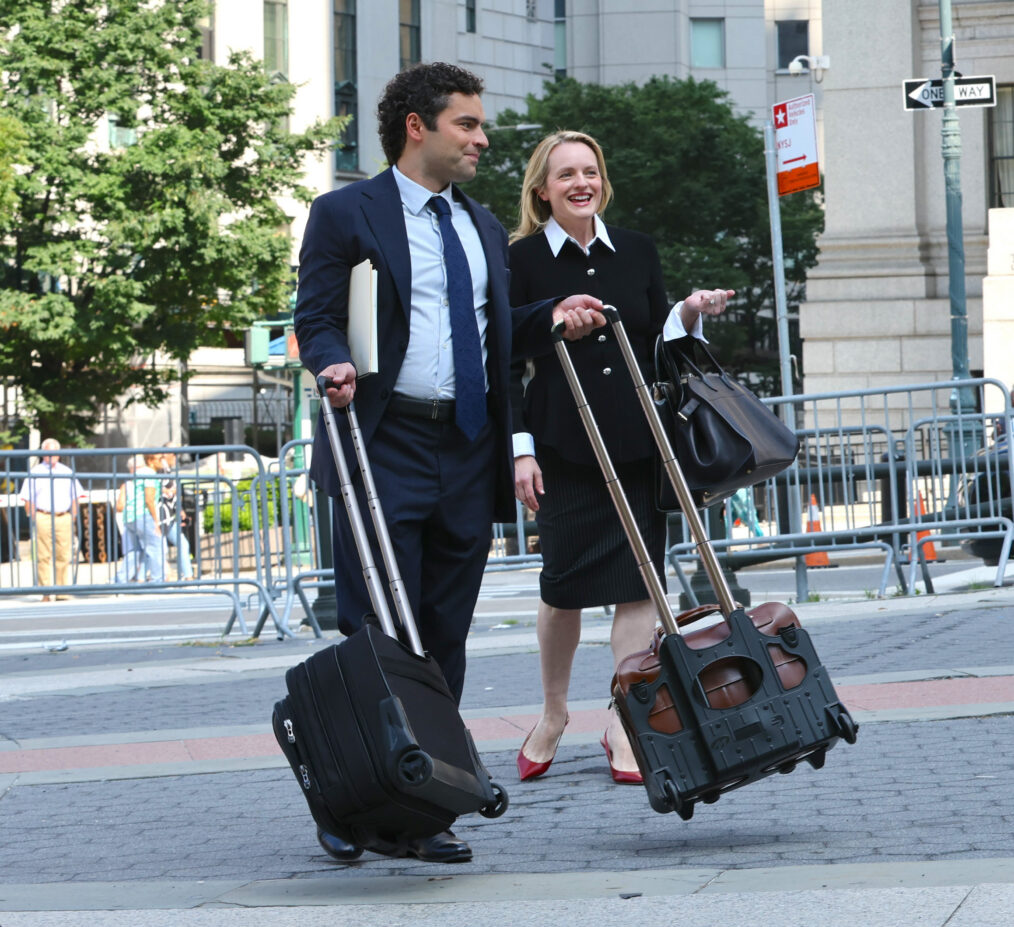 NEW YORK, NY - JULY 13: Sebastian De Souza and Elisabeth Moss are seen filming at the "Conviction" set in Downtown, Manhattan on July 13, 2026 in New York City. (Photo by Jose Perez/Bauer-Griffin/GC Images)