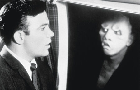 THE TWILIGHT ZONE, from left: William Shatner, 'Nick Cravat as the Gremlin, Nightmare At 20,000 Feet,' 10/11/63. Season 5