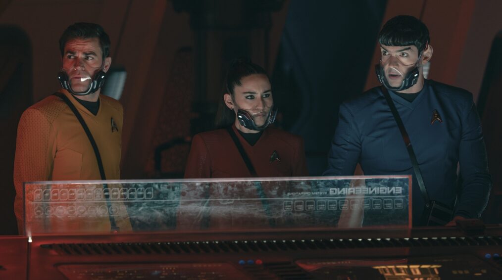 (L-R): Paul Wesley as James T. Kirk, Christina Chong as La'an Noonien-Singh, and Ethan Peck as Spock in season 4, episode 2, of Star Trek: Strange New Worlds streaming on Paramount+, 2026. Photo Credit: Jan Thijs/Paramount+