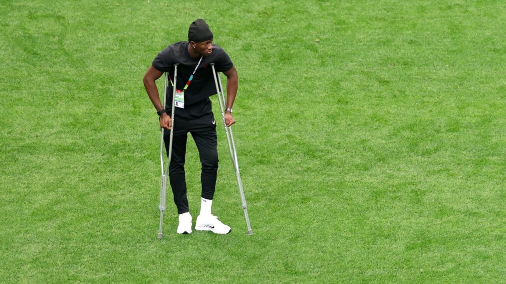 HOUSTON, TEXAS - JULY 04: Ismael Kone #8 of Canada watches his teammates warming up before the FIFA World Cup 2026 Round of 16 match between Canada and Morocco at Houston Stadium on July 04, 2026 in Houston, Texas. (Photo by Lars Baron/Getty Images)